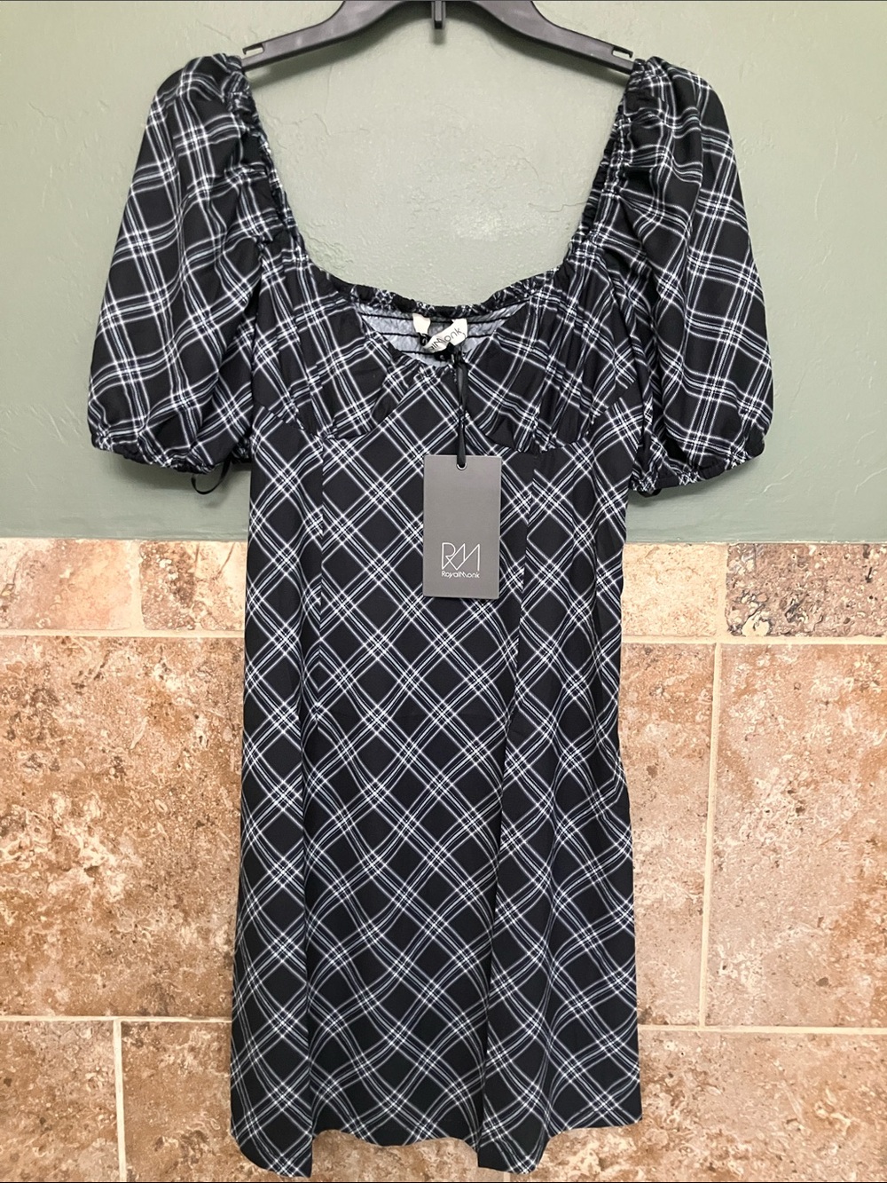 Royal Monk Plaid Puff-Sleeve Mini Dress